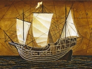 La nave dei desideri (bitume,olio,tempere,collage e foglia d'oro su tavola cm 40x120)