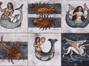 Mostri e sirene (cuerda seca-smalti ceramici, assemblaggio cm.40x60)